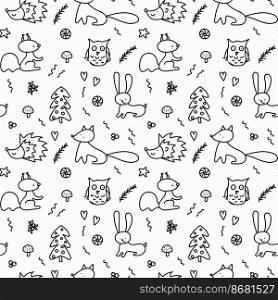 Forest animals and nature in doodle style. Seamless pattern