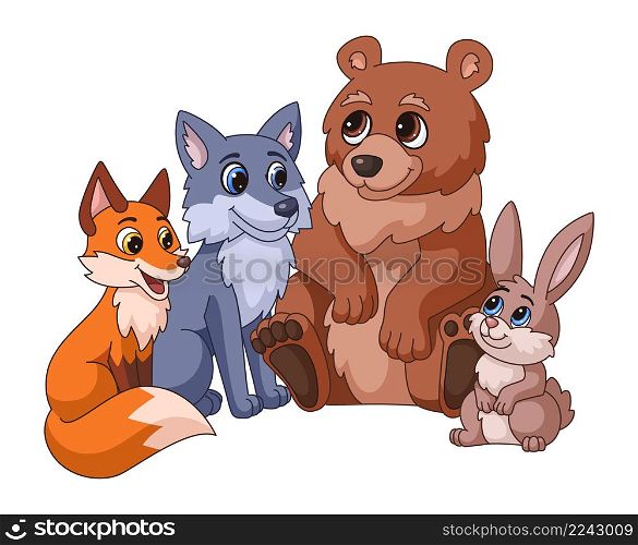 Forest animals. Cute fox wolf bear hare wildlife nature friends isolated on white background. Forest animals. Cute fox wolf bear hare wildlife nature friends