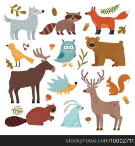 Forest animals. Wolf, raccoon and fox, bear and owl, deer, squirrel and hedgehog, hare and beaver, elk. Wildlife vector isolated set. Illustration wild collection characters, wolf and bear. Forest animals. Wolf, raccoon and fox, bear and owl, deer, squirrel and hedgehog, hare and beaver, elk. Wildlife vector isolated set