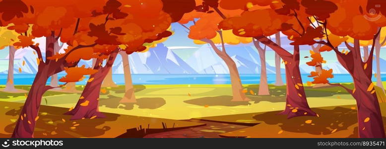 Forest autumn valley scene with lake, mountain. Nature panorama, fall landscape with river, meadows with orange grass, hills and rocks on horizon, vector cartoon illustration. Forest autumn valley scene with lake, mountain