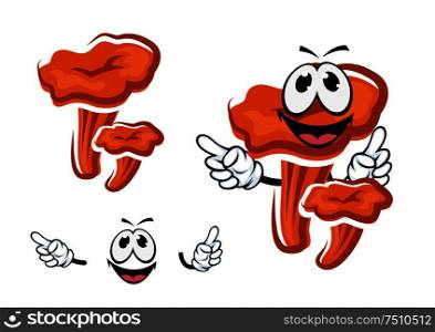 Forest autumnal orange chanterelle mushroom cartoon character with happy smiling face, isolated on white. Cartoon forest orange chanterelle mushroom