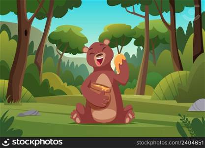 Forest background. Bear walking in forest wild brown animal in cartoon style exact vector picture. Illustration forest bear with honey, nature animal. Forest background. Bear walking in forest wild brown animal in cartoon style exact vector picture