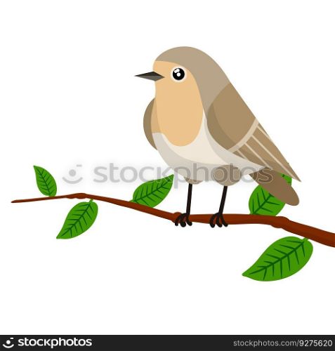 Forest bird sitting on a tree branch. Cute Animal with wings and green leaves. Illustration for greeting cards. Grey Nightingale. Cartoon flat illustration. Forest bird sitting on a tree branch.