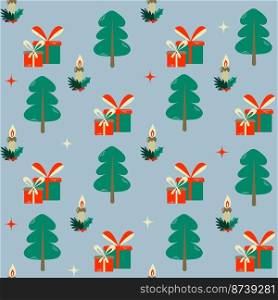 Forest blue seamless pattern with Christmas tree and gift. Cute cartoon wallpaper, good for printing. Design vector illustration. Happy New Year. Winter time. Colorful cartoon seamless pattern with Christmas trees, candles, gifts. Cute blue winter wallpaper. Vector Design illustration. Happy New Year concept. Winter time