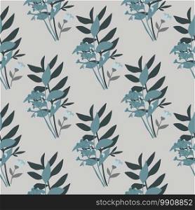 Forest bouquet seamless doodle pattern. Grey background with dark and blue floral ornament. Designed for wallpaper, textile, wrapping paper, fabric print. Vector illustration.. Forest bouquet seamless doodle pattern. Grey background with dark and blue floral ornament.