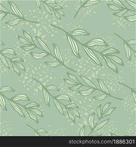 Forest branch with leaves seamless pattern on green splash background. Linear foliage backdrop. Nature wallpaper. For fabric design, textile print, wrapping, cover. Vector illustration.. Forest branch with leaves seamless pattern on green splash background. Linear foliage backdrop