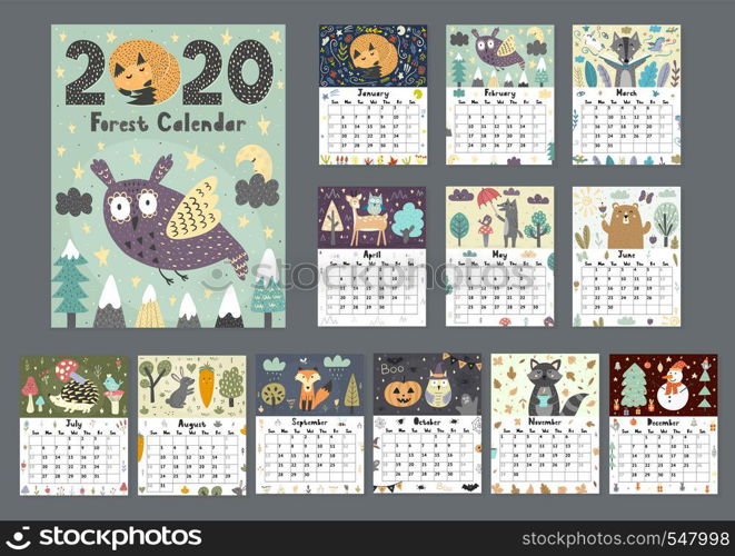 Forest calendar for 2020 year. Printable planner of 12 months with cute animals. Week starts on Sunday, 8,5x11 inches size. Vector illustration