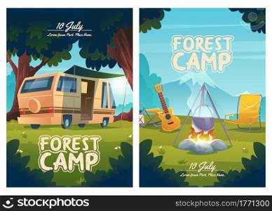 Forest camp cartoon flyers, invitation to summer camping. Rv caravan, campfire with pot and guitar on mountain view. Summertime traveling, trip, hiking outdoor activities, nature relax vector posters. Forest camp cartoon flyers, invitation to camping