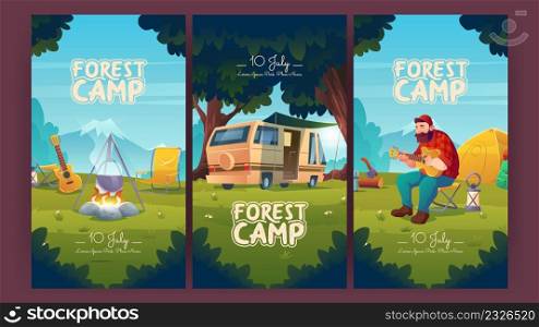 Forest camp cartoon invitation posters. Man tourist playing guitar on mountain landscape background with tent, campfire and Rv caravan. Summer camping, leisure, vacation hiking trip, Vector ads flyers. Forest camp cartoon invitation posters., tourism