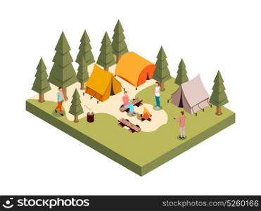 Forest Camp Isometric Composition. Outdoor forest party isometric composition with set of people figures campfire and tents among polygonal trees vector illustration