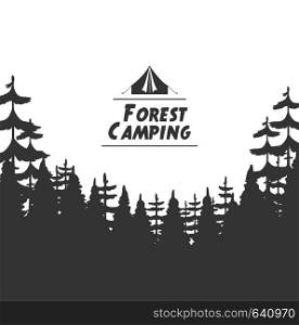Forest camping background. Outdoor landscape nature design template. Vector illustration. Forest camping