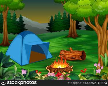 Forest camping concept with blue tent