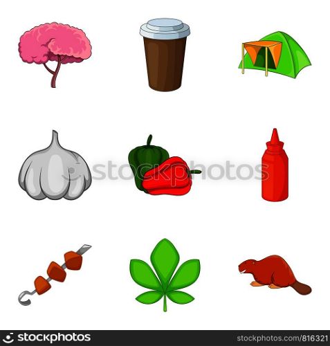 Forest camping icons set. Cartoon set of 9 forest camping vector icons for web isolated on white background. Forest camping icons set, cartoon style