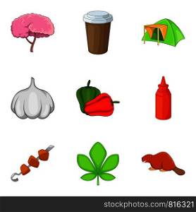 Forest camping icons set. Cartoon set of 9 forest camping vector icons for web isolated on white background. Forest camping icons set, cartoon style