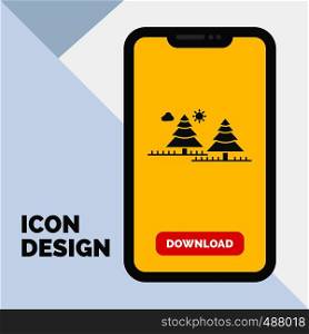 forest, camping, jungle, tree, pines Glyph Icon in Mobile for Download Page. Yellow Background. Vector EPS10 Abstract Template background