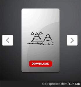forest, camping, jungle, tree, pines Line Icon in Carousal Pagination Slider Design & Red Download Button. Vector EPS10 Abstract Template background