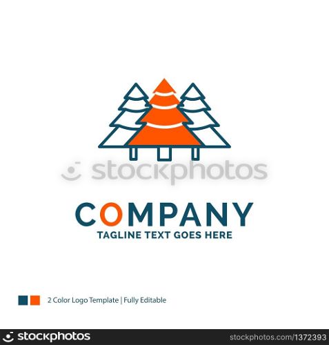 forest, camping, jungle, tree, pines Logo Design. Blue and Orange Brand Name Design. Place for Tagline. Business Logo template.