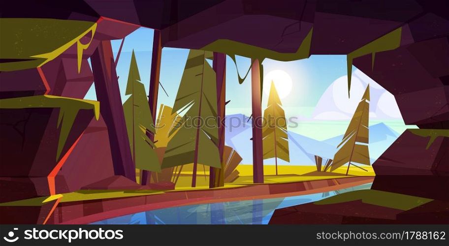 Forest cave entrance, hole in rock with flow river, fir-trees, and mountains under blue sky. Grotto, hidden underground tunnel or cavern, summer nature scenery landscape, Cartoon vector illustration. Forest cave entrance, hole in rock with flow river