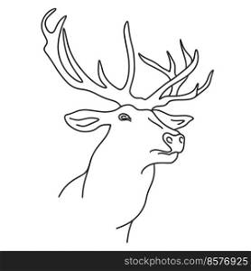 Forest deer vector illustration. Black outline line art silhouette stag on white background. Elegant horned buck
