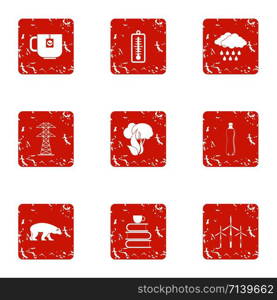 Forest destruction icons set. Grunge set of 9 forest destruction vector icons for web isolated on white background. Forest destruction icons set, grunge style