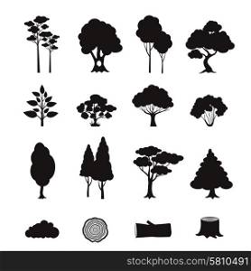 Forest elements black icons set with stump log trees isolated vector illustration. Forest Elements Black