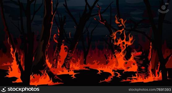 Forest fire, burning trees at night wood. Vector wildfire burnt landscape, nature disaster, ecology catastrophe. Red flame on grass and black tree trunks or branches in forest, environment destruction. Forest fire, burning trees at night wood, wildfire