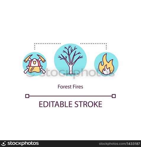 Forest fire concept icon. Burned tree. Natural disaster. Environmental destruction. Firefighter idea thin line illustration. Vector isolated outline RGB color drawing. Editable stroke. Forest fire concept icon