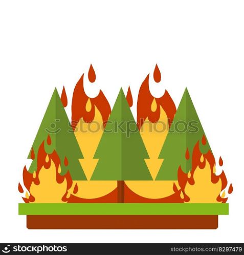 Forest fire. Natural disaster. Woodland problems. Careless handling of fire. Dangerous situation. Tree and flame. Green plant in the summer season. Flat cartoon. Forest fire. Natural disaster.
