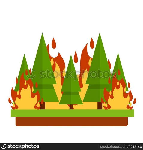 Forest fire. Natural disaster. Woodland problems. Careless handling of fire. Dangerous situation. Tree and flame. Green plant in the summer season. Flat cartoon. Forest fire. Natural disaster.