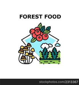 Forest Food Vector Icon Concept. Delicious Juicy Cranberry Berry And Natural Mushrooms Forest Food. Vitamin And Diet Organic Fruit And Nutrition From Fir-tree Wood Color Illustration. Forest Food Vector Concept Color Illustration