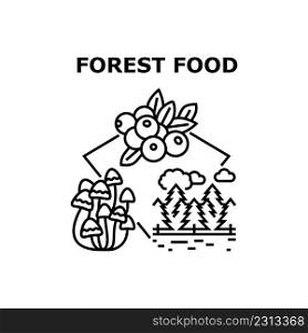 Forest Food Vector Icon Concept. Delicious Juicy Cranberry Berry And Natural Mushrooms Forest Food. Vitamin And Diet Organic Fruit And Nutrition From Fir-tree Wood Black Illustration. Forest Food Vector Concept Black Illustration