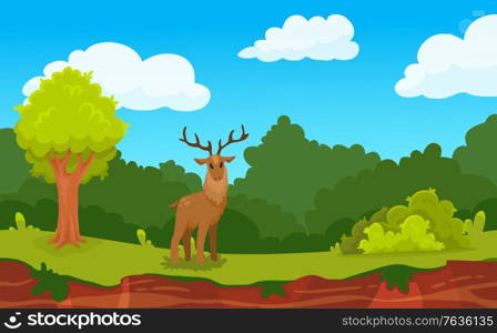 Forest game landscape background with deer and wood flat vector illustration
