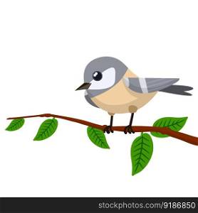 Forest grey bird sitting on a tree branch. Cute Animal with wings and green leaves. Illustration for greeting cards. Cartoon flat illustration. Forest grey bird sit on tree branch.
