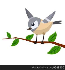 Forest grey bird sitting on a tree branch. Cute Animal with wings and green leaves. Illustration for greeting cards. Cartoon flat illustration. Forest grey bird sitting on a tree branch.