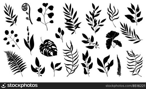 Forest herbs and tropical plants. Silhouettes. Big set of herbs for decorating invitations