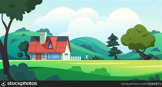 Forest house. Countryside cartoon landscape with rural building among trees and summer nature scene. Vector illustration farmland with home and running kid. Forest house. Countryside cartoon landscape with rural building among trees and summer nature scene. Vector illustration with home and running kid