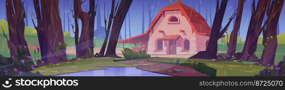 Forest house in rainy weather. Cartoon vector illustration of retro stone cottage near wood with trees, spring flowers on bushes, green grass, footpath and water puddle. Gloomy day in countryside. Forest house in rainy weather cartoon illustration
