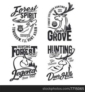 Forest hunting club t-shirt print template with deer. Mule or whitetail deer male head with horns, mountain and spruce thin line vector. Hunting hobby or sport club, hunter apparel print with mascot. Forest hunting club t-shirt vector print with deer