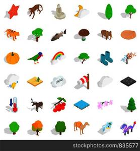 Forest icons set. Isometric style of 36 forest vector icons for web isolated on white background. Forest icons set, isometric style