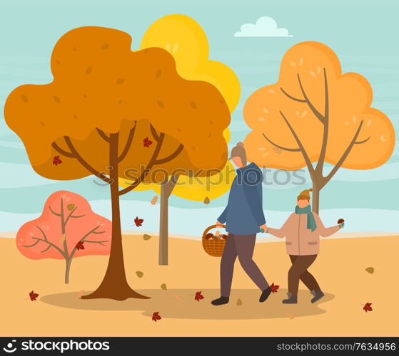 Forest in autumn and people gathering mushrooms vector. Dad and son in park in fall season, seasonal hobby of men. Boy and adult carrying basket with veggies. Trees with dried foliage flat style. Dad and Son Picking Mushrooms in Autumn Forest