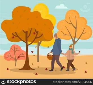 Forest in autumn and people gathering mushrooms vector. Dad and son in park in fall season, seasonal hobby of men. Boy and adult carrying basket with veggies. Trees with dried foliage flat style. Dad and Son Picking Mushrooms in Autumn Forest
