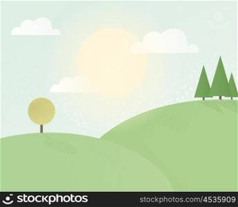 Forest in summer and the hills. Vector illustration