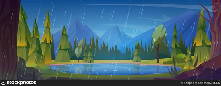 Forest lake nature landscape background with rain. Pine tree and mountain scenery beautiful rainy summer illustration. Abstract valley with pond view outdoor drawing panorama. Range silhouette picture. Forest lake nature landscape background with rain