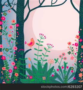 Forest landscape. Beautiful forest scene with bird and place for your text. Vector illustration.
