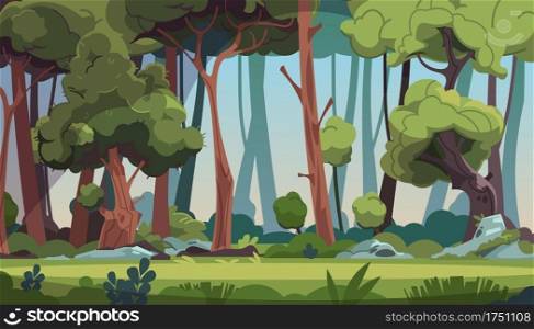 Forest landscape. Cartoon dense wood with green foliage and strong tree trunks. Scenic grassy meadow with stones illuminated by sun’s rays. Panoramic natural scape background. Vector wild flora. Forest landscape. Cartoon wood with green foliage and strong tree trunks. Grassy meadow with stones illuminated by sun’s rays. Panoramic natural scape background. Vector wild flora