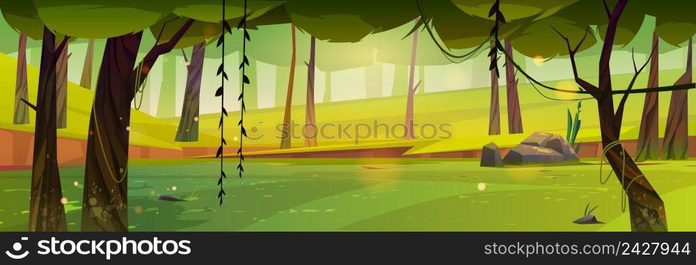 Forest landscape cartoon nature summertime background with deciduous trees, moss and lianas on trunks, rocks, grass and sunlight spots on ground. Scenery summer or spring wood, Vector illustration. Forest landscape cartoon nature summer background