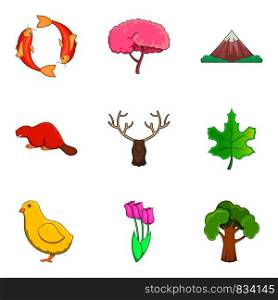 Forest landscape icons set. Cartoon set of 9 forest landscape vector icons for web isolated on white background. Forest landscape icons set, cartoon style