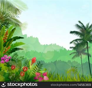 Forest landscape of tropical background with sunrays. vector