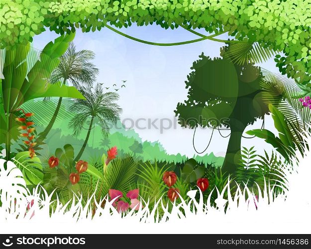 Forest landscape of tropical background with sunrays. vector