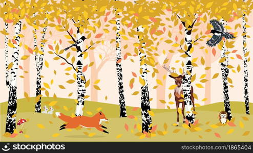 Forest landscape with birch trees and colorful falling autumn leaves, cartoon animals illustration.